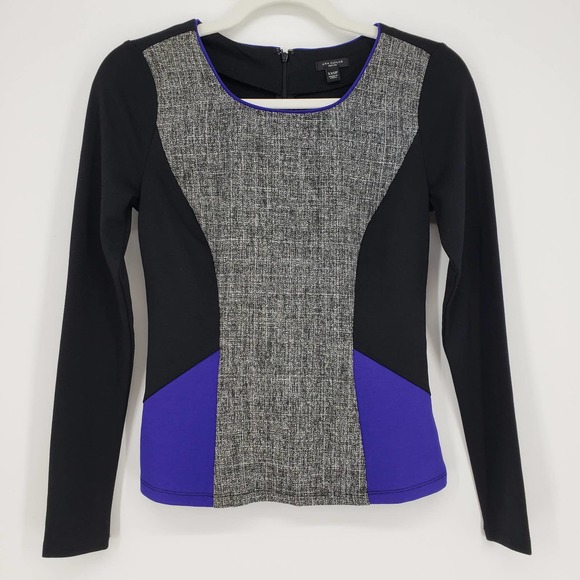 Ann Taylor Long Sleeve Top XXSP Color Block Fitted Ponte Knit Work Black Blue - Picture 1 of 9